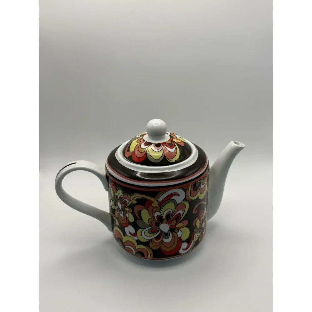 Retired Vera Bradley Puccini Teapot Brown Yellow Retro Floral‎ Groovy Pot